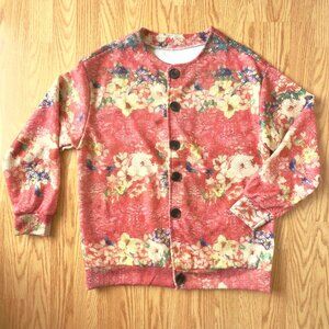 Floral Cardigan Size L Pink Orange Butterfly Garden Button Front Layer Top